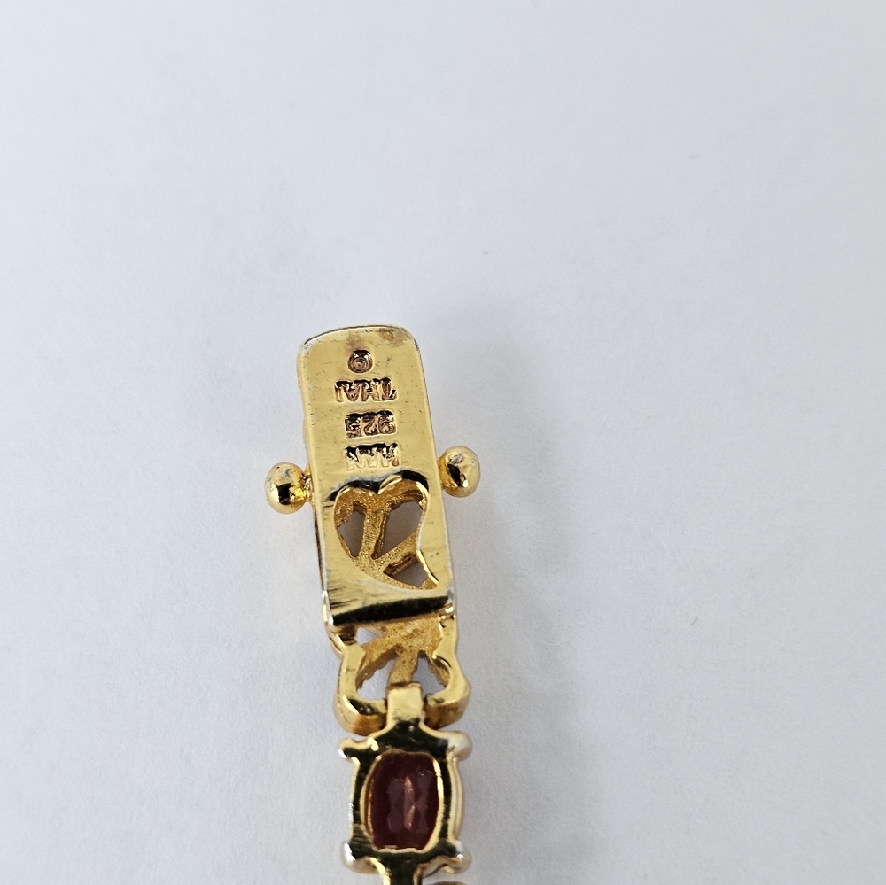 Beautiful Genuine Red Garnet & Diamond Tennis Bracelet 14K Vermeil. - Picture 5 of 6